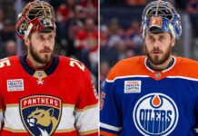 Jacob Markstrom Trade Rumors: New Jersey Devils Exploring Goalie Market A conceptual split-image photo visualization of New Jersey Devils goaltender Jacob Markstrom wearing a Florida Panthers jersey and mask on the left, and an Edmonton Oilers jersey and mask on the right, representing potential NHL trade rumors.