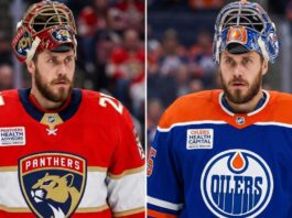 Jacob Markstrom Trade Rumors: New Jersey Devils Exploring Goalie Market A conceptual split-image photo visualization of New Jersey Devils goaltender Jacob Markstrom wearing a Florida Panthers jersey and mask on the left, and an Edmonton Oilers jersey and mask on the right, representing potential NHL trade rumors.