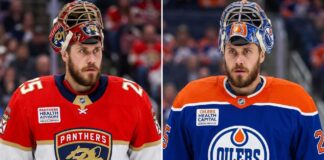 A conceptual split-image photo visualization of New Jersey Devils goaltender Jacob Markstrom wearing a Florida Panthers jersey and mask on the left, and an Edmonton Oilers jersey and mask on the right, representing potential NHL trade rumors.