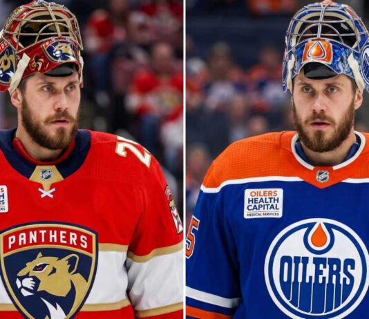 A conceptual split-image photo visualization of New Jersey Devils goaltender Jacob Markstrom wearing a Florida Panthers jersey and mask on the left, and an Edmonton Oilers jersey and mask on the right, representing potential NHL trade rumors.