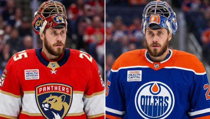 jacob-markstrom-new-jersey-devils-trade A conceptual split-image photo visualization of New Jersey Devils goaltender Jacob Markstrom wearing a Florida Panthers jersey and mask on the left, and an Edmonton Oilers jersey and mask on the right, representing potential NHL trade rumors.