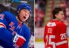 New York Rangers Draft: Select Chase Reid or Trade for Jason Robertson? A vertically split photo comparing New York Rangers forward Jason Robertson celebrating with an intense shout and OHL Soo Greyhounds defenseman Chase Reid, a top prospect for the 2026 NHL Draft, smiling on the ice from the back.