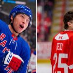 New York Rangers Draft: Select Chase Reid or Trade for Jason Robertson? A vertically split photo comparing New York Rangers forward Jason Robertson celebrating with an intense shout and OHL Soo Greyhounds defenseman Chase Reid, a top prospect for the 2026 NHL Draft, smiling on the ice from the back.