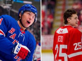 New York Rangers Draft: Select Chase Reid or Trade for Jason Robertson? A vertically split photo comparing New York Rangers forward Jason Robertson celebrating with an intense shout and OHL Soo Greyhounds defenseman Chase Reid, a top prospect for the 2026 NHL Draft, smiling on the ice from the back.