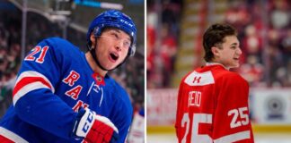 A vertically split photo comparing New York Rangers forward Jason Robertson celebrating with an intense shout and OHL Soo Greyhounds defenseman Chase Reid, a top prospect for the 2026 NHL Draft, smiling on the ice from the back.