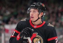 CONCEPTUAL PHOTO: Jason Robertson of the Dallas Stars wearing an Ottawa Senators home uniform and helmet. This conceptual image illustrates the Senators' aggressive push to acquire Robertson following the Brady Tkachuk blockbuster trade to Florida.