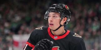CONCEPTUAL PHOTO: Jason Robertson of the Dallas Stars wearing an Ottawa Senators home uniform and helmet. This conceptual image illustrates the Senators' aggressive push to acquire Robertson following the Brady Tkachuk blockbuster trade to Florida.