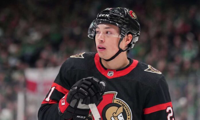 jason-robertson-dallas-stars-ottawa-senators-trade-rumors CONCEPTUAL PHOTO: Jason Robertson of the Dallas Stars wearing an Ottawa Senators home uniform and helmet. This conceptual image illustrates the Senators' aggressive push to acquire Robertson following the Brady Tkachuk blockbuster trade to Florida.