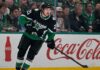 Jason Robertson of the Dallas Stars skating near the boards as NHL trade rumors, contract talks and July 1 offer sheet speculation continue.