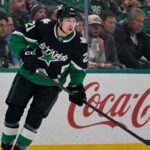 Jason Robertson of the Dallas Stars skating near the boards as NHL trade rumors, contract talks and July 1 offer sheet speculation continue.
