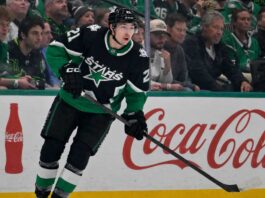 Jason Robertson of the Dallas Stars skating near the boards as NHL trade rumors, contract talks and July 1 offer sheet speculation continue.