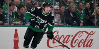 Jason Robertson of the Dallas Stars skating near the boards as NHL trade rumors, contract talks and July 1 offer sheet speculation continue.