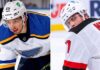 Jordan Kyrou Trade Rumors: Devils and Blues Swapping Simon Nemec? A dynamic, vertical split image showing St. Louis Blues forward Jordan Kyrou looking forward on the left and New Jersey Devils defenseman Simon Nemec looking back on the right, referencing the NHL blockbuster trade rumor between the two teams.