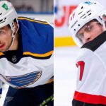 Jordan Kyrou Trade Rumors: Devils and Blues Swapping Simon Nemec? A dynamic, vertical split image showing St. Louis Blues forward Jordan Kyrou looking forward on the left and New Jersey Devils defenseman Simon Nemec looking back on the right, referencing the NHL blockbuster trade rumor between the two teams.