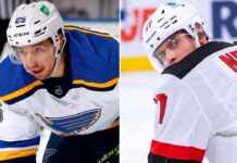 Jordan Kyrou Trade Rumors: Devils and Blues Swapping Simon Nemec? A dynamic, vertical split image showing St. Louis Blues forward Jordan Kyrou looking forward on the left and New Jersey Devils defenseman Simon Nemec looking back on the right, referencing the NHL blockbuster trade rumor between the two teams.