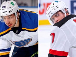 Jordan Kyrou Trade Rumors: Devils and Blues Swapping Simon Nemec? A dynamic, vertical split image showing St. Louis Blues forward Jordan Kyrou looking forward on the left and New Jersey Devils defenseman Simon Nemec looking back on the right, referencing the NHL blockbuster trade rumor between the two teams.