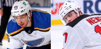 A dynamic, vertical split image showing St. Louis Blues forward Jordan Kyrou looking forward on the left and New Jersey Devils defenseman Simon Nemec looking back on the right, referencing the NHL blockbuster trade rumor between the two teams.