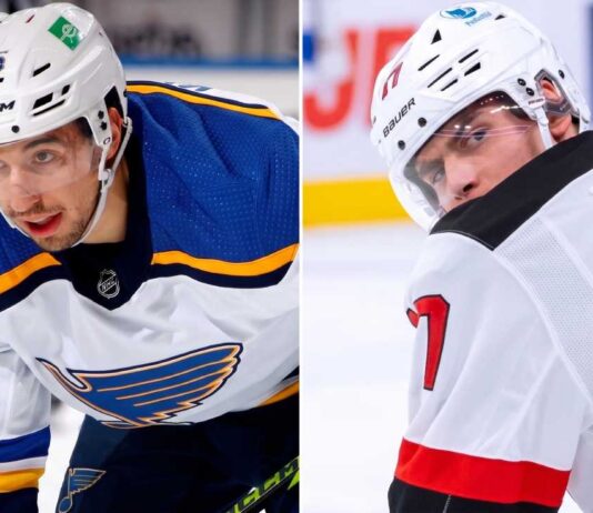 Jordan Kyrou Trade Rumors: Devils and Blues Swapping Simon Nemec? A dynamic, vertical split image showing St. Louis Blues forward Jordan Kyrou looking forward on the left and New Jersey Devils defenseman Simon Nemec looking back on the right, referencing the NHL blockbuster trade rumor between the two teams.