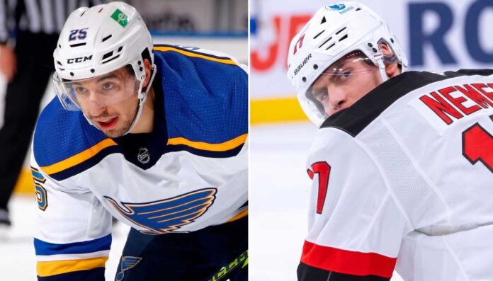 A dynamic, vertical split image showing St. Louis Blues forward Jordan Kyrou looking forward on the left and New Jersey Devils defenseman Simon Nemec looking back on the right, referencing the NHL blockbuster trade rumor between the two teams.