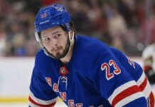 Mason McTavish wearing a New York Rangers home jersey amid trade rumors involving the Anaheim Ducks