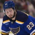 Mason McTavish wearing a St. Louis Blues home jersey amid trade rumors involving the Anaheim Ducks.