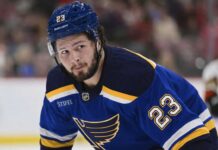 Mason McTavish wearing a St. Louis Blues home jersey amid trade rumors involving the Anaheim Ducks.