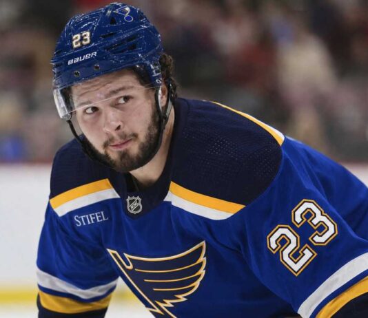 Mason McTavish wearing a St. Louis Blues home jersey amid trade rumors involving the Anaheim Ducks.