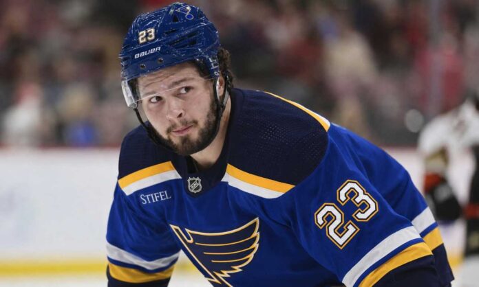 Mason McTavish wearing a St. Louis Blues home jersey amid trade rumors involving the Anaheim Ducks.
