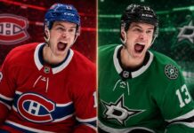Mathew Barzal split image in Montreal Canadiens and Dallas Stars jerseys as New York Islanders trade rumors link both NHL teams to the star forward