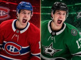 Mathew Barzal split image in Montreal Canadiens and Dallas Stars jerseys as New York Islanders trade rumors link both NHL teams to the star forward
