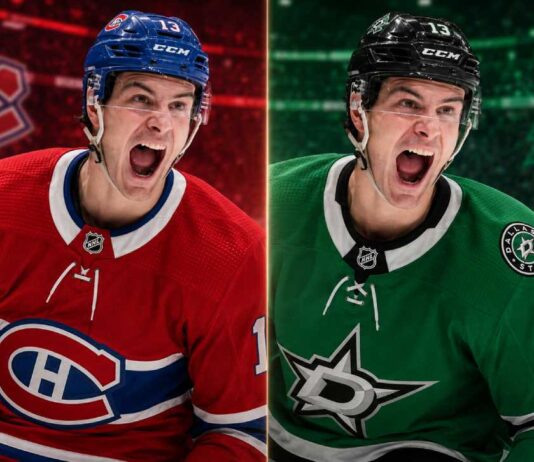 Mathew Barzal split image in Montreal Canadiens and Dallas Stars jerseys as New York Islanders trade rumors link both NHL teams to the star forward