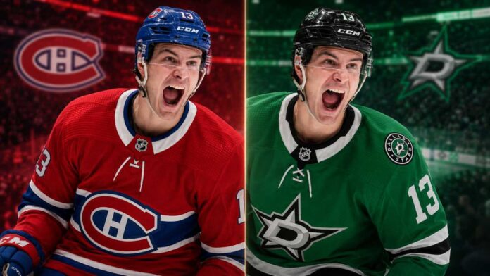 Mathew Barzal split image in Montreal Canadiens and Dallas Stars jerseys as New York Islanders trade rumors link both NHL teams to the star forward
