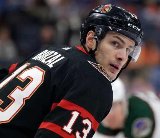 MATHEW BARZAL JERSEY SWAP CONCEPT PHOTO IN OTTAWA SENATORS UNIFORM WITH NUMBER 13.