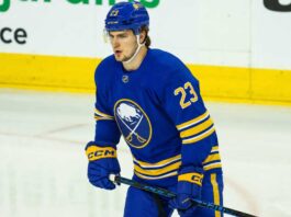 Photo illustration of Toronto Maple Leafs winger Matthew Knies wearing a Buffalo Sabres home jersey amid NHL trade rumors