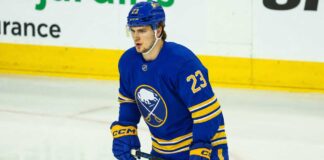 Photo illustration of Toronto Maple Leafs winger Matthew Knies wearing a Buffalo Sabres home jersey amid NHL trade rumors