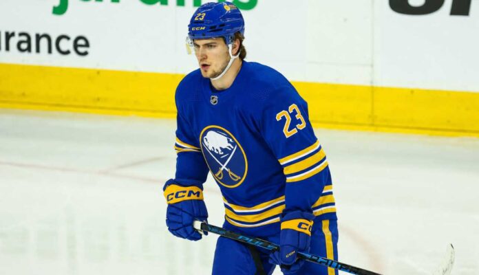 matthew-knies-buffalo-sabres-fourth-overall-pick-trade Photo illustration of Toronto Maple Leafs winger Matthew Knies wearing a Buffalo Sabres home jersey amid NHL trade rumors