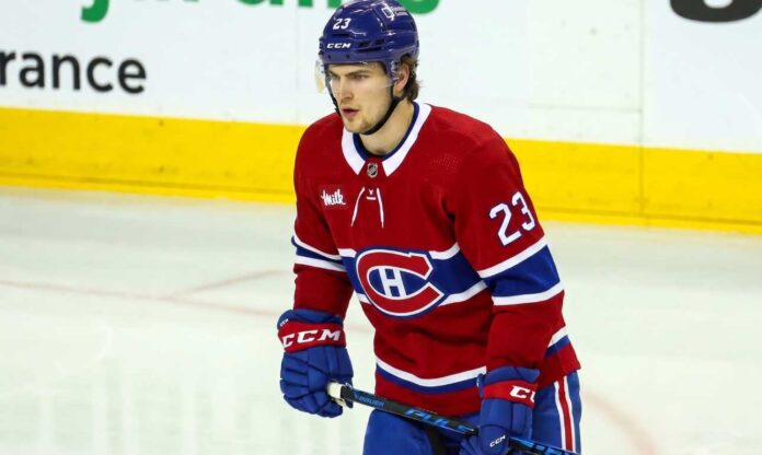 matthew-knies-maple-leafs-canadiens-trade-rumor An imagined photo of hockey player Matthew Knies in a Montreal Canadiens home jersey on the ice.