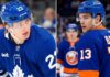 A split image featuring Toronto Maple Leafs forward Matthew Knies on the left and New York Islanders star Mat Barzal on the right, highlighting recent NHL trade rumors involving both teams during the 2026 offseason.