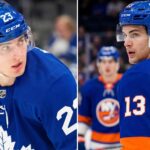 A split image featuring Toronto Maple Leafs forward Matthew Knies on the left and New York Islanders star Mat Barzal on the right, highlighting recent NHL trade rumors involving both teams during the 2026 offseason.