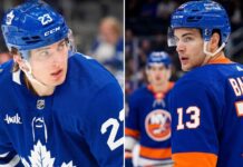 A split image featuring Toronto Maple Leafs forward Matthew Knies on the left and New York Islanders star Mat Barzal on the right, highlighting recent NHL trade rumors involving both teams during the 2026 offseason.