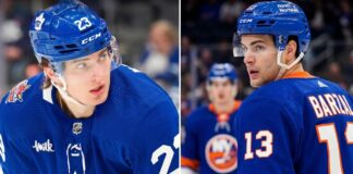Latest NHL News, Scores & Trade Rumors: Stanley Cup Final & Barzal to the Canucks? A split image featuring Toronto Maple Leafs forward Matthew Knies on the left and New York Islanders star Mat Barzal on the right, highlighting recent NHL trade rumors involving both teams during the 2026 offseason.