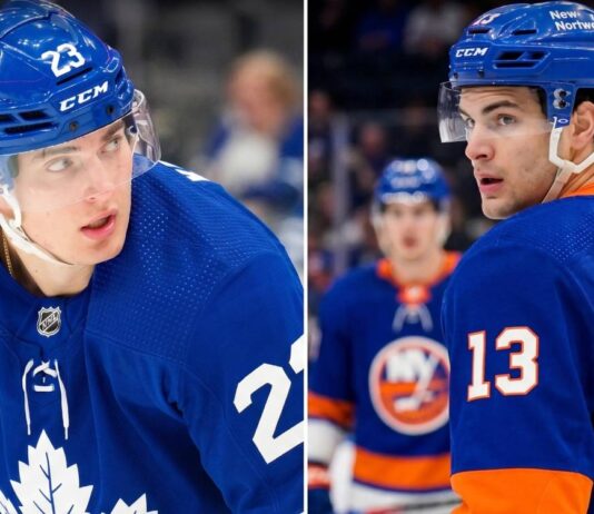 A split image featuring Toronto Maple Leafs forward Matthew Knies on the left and New York Islanders star Mat Barzal on the right, highlighting recent NHL trade rumors involving both teams during the 2026 offseason.
