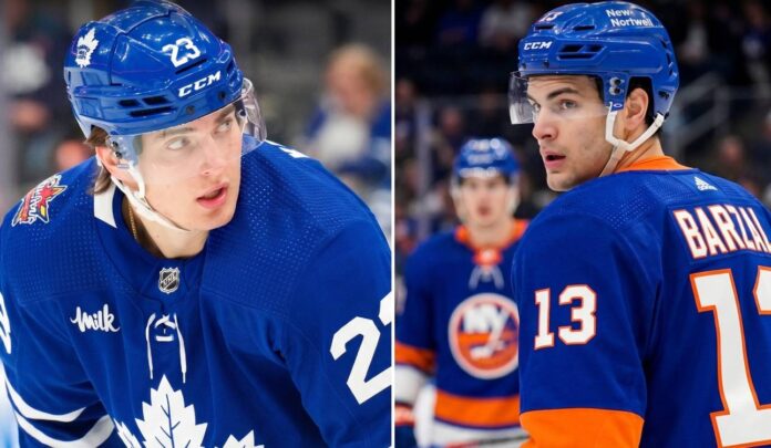 A split image featuring Toronto Maple Leafs forward Matthew Knies on the left and New York Islanders star Mat Barzal on the right, highlighting recent NHL trade rumors involving both teams during the 2026 offseason.