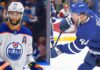 Split screen image comparing Darnell Nurse of the Edmonton Oilers and Morgan Rielly of the Toronto Maple Leafs in their respective NHL jerseys.