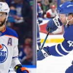 Split screen image comparing Darnell Nurse of the Edmonton Oilers and Morgan Rielly of the Toronto Maple Leafs in their respective NHL jerseys.