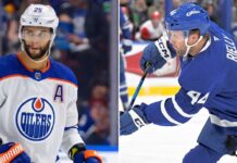 Morgan Rielly Trade Rumors: San Jose Sharks Linked to Leafs Defenseman Split screen image comparing Darnell Nurse of the Edmonton Oilers and Morgan Rielly of the Toronto Maple Leafs in their respective NHL jerseys.