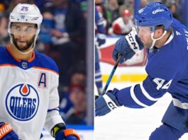 Split screen image comparing Darnell Nurse of the Edmonton Oilers and Morgan Rielly of the Toronto Maple Leafs in their respective NHL jerseys.