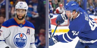 Morgan Rielly Trade Rumors: San Jose Sharks Linked to Leafs Defenseman Split screen image comparing Darnell Nurse of the Edmonton Oilers and Morgan Rielly of the Toronto Maple Leafs in their respective NHL jerseys.