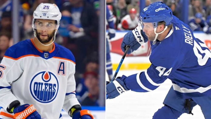 morgan-rielly-toronto-maple-leafs-sharks-trade Split screen image comparing Darnell Nurse of the Edmonton Oilers and Morgan Rielly of the Toronto Maple Leafs in their respective NHL jerseys.