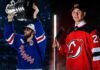 The Cup Final is Set! Plus, Lightning & Devils Make Splash Off-Season Moves A split-panel graphic showcasing recent NHL roster updates. On the left, Jack Pridham (acquired by the Tampa Bay Lightning) lifts a trophy in a Kitchener Rangers jersey. On the right, Anton Silayev poses in a New Jersey Devils uniform with a hockey stick.